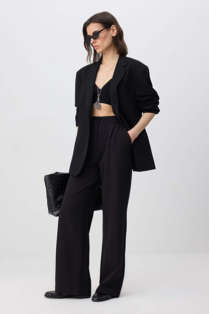 Black High Waist Wide Leg Pleated Woven Fabric Trousers