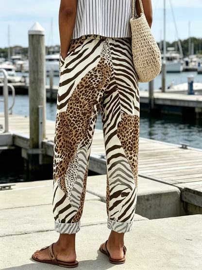Women's Simple Printed Pants with Pockets, Elastic Waistband, Loose Fit for Spring/Summer, Ideal for Casual or Outdoor Wear, Elastic Waistband Pocket Pants for Women