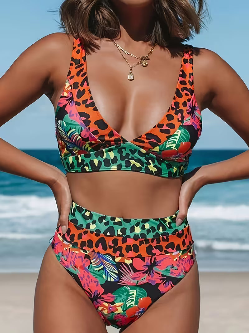 New European And American Sexy High-Waisted Bikini with Leopard Print Patchwork, a Popular Swimwear for Cross-Border Trade on