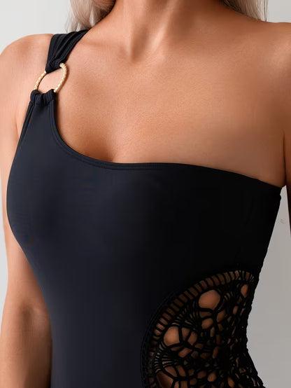 Women's Solid Color One-piece Swimsuit with One Shoulder