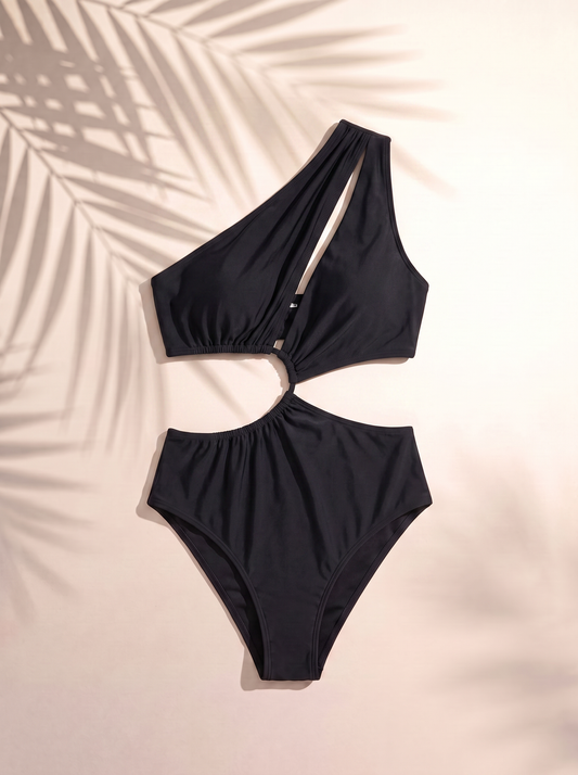 Black One Shoulder Cut Out/Windowed Swimsuit