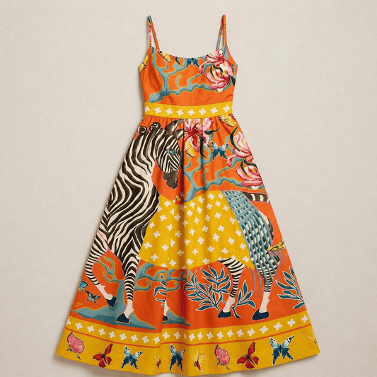 Colorful Zebra and Floral Print Camisole Dress, Youthful Women's Elegant Bohemian