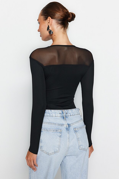 Black Slim Fit Tulle Detail Heart Neckline Bottom Snap Button Ribbed Stretch Knit Bodysuit