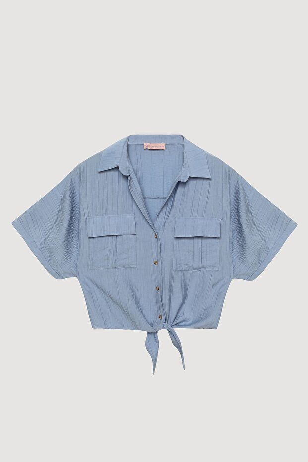 Front Tie Detail Double Pocket Shirt Baby Blue