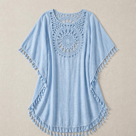 Women'S  Reversible Lace Sleeve Tassel Hem Beach Vacation Cover-Up