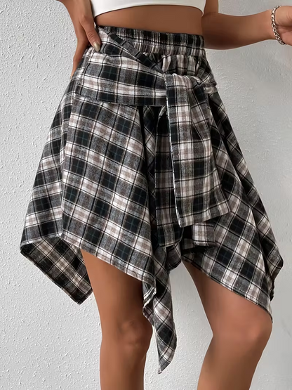 Checkered Print Casual High-Waisted Asymmetrical Hem Skirt