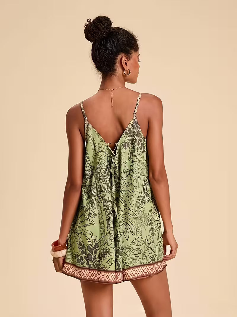 Women'S Tropical Style Printed Casual Jumpsuit, Suitable for Vacation Wear