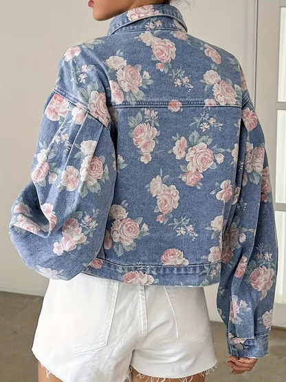 Women's Vintage Floral Print Denim Jacket - Relaxed Drop Shoulder Button-Front Closure