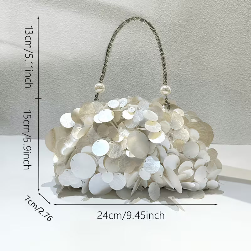 1 Elegant Simulated Shell Sequin Women'S Handbag, Luxurious Pearl Crystal Handle