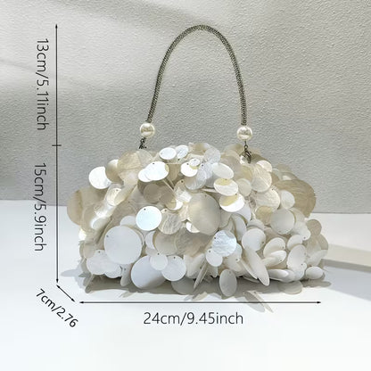 1 Elegant Simulated Shell Sequin Women'S Handbag, Luxurious Pearl Crystal Handle