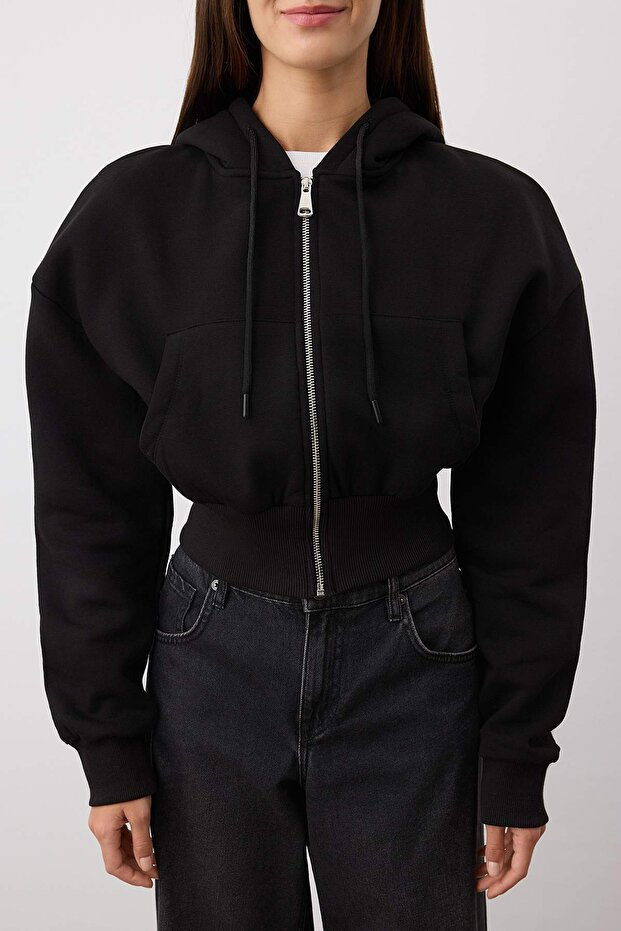 Black Regular Fit Hooded Thick Fleece Lined Knitted Cardigan/Sweatshirt