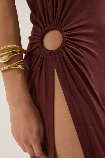 Brown Maxi Knitted Slit One Shoulder Beach