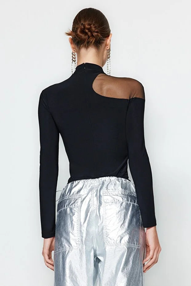 Black Transparent Detail Knitted Tulle Bodysuit