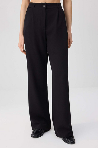 Black High Waist Wide Leg Pleated Woven Fabric Trousers