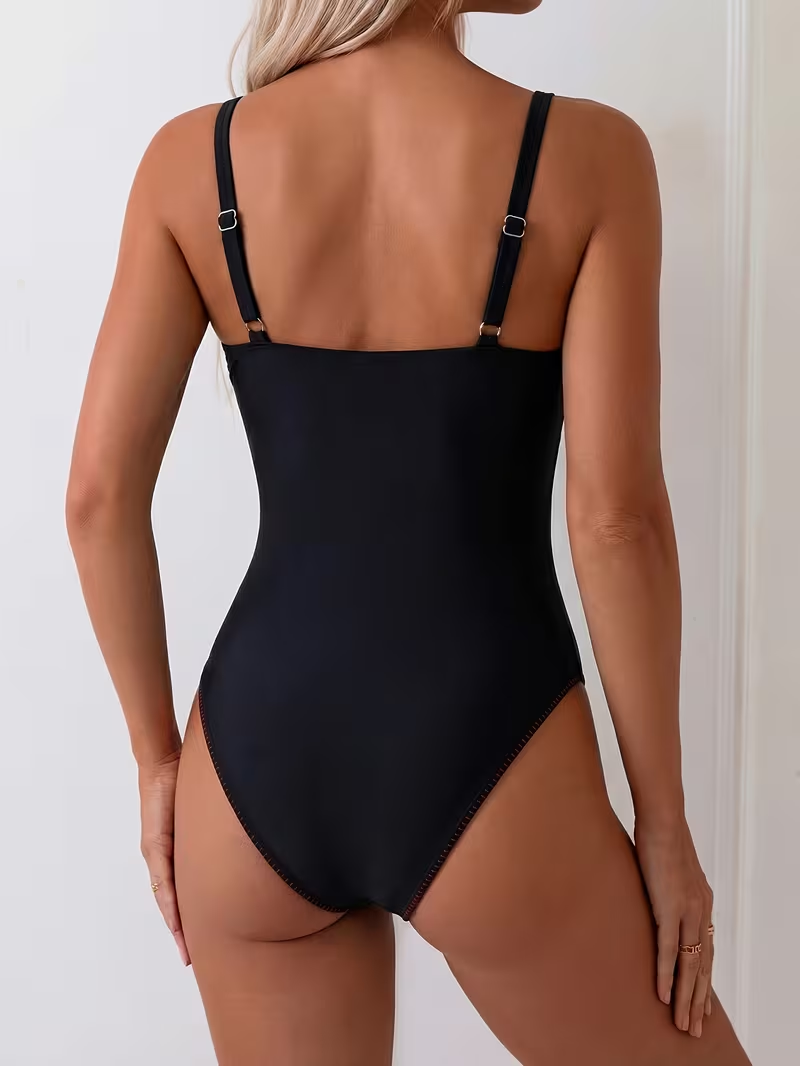 Sexy Hot Style Deep V-Neck 1pc Swimsuit, Push-Up Backless Slim-Fit Vacation Swimwear for Women, Hot Spring Wear