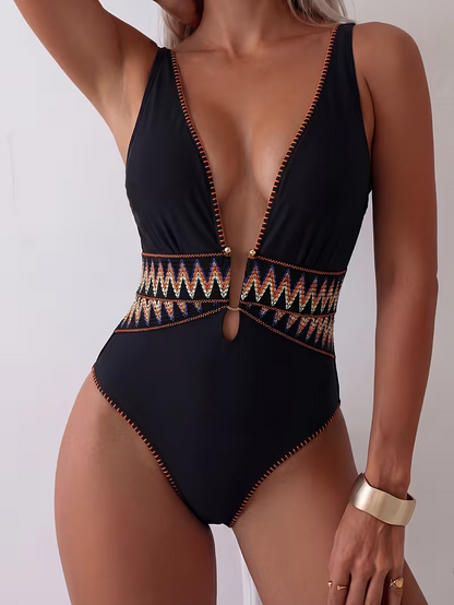 Sexy Hot Style Deep V-Neck 1pc Swimsuit, Push-Up Backless Slim-Fit Vacation Swimwear for Women, Hot Spring Wear