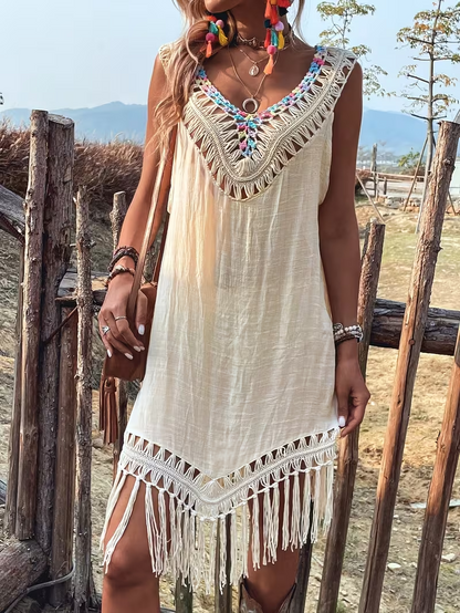 One-Piece Fashion Women'S Blouse Spring Summer Style Contrast Neckline Design Tassel Women'S Dress Back Tie-String Women'S Dress Bikini Outerwear Beach Beach Dress