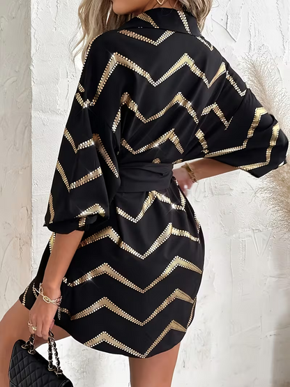 New Women's Elegant A-Line Shirt Dress with Adjustable Waist Tie Belt - Black & Golden Striped