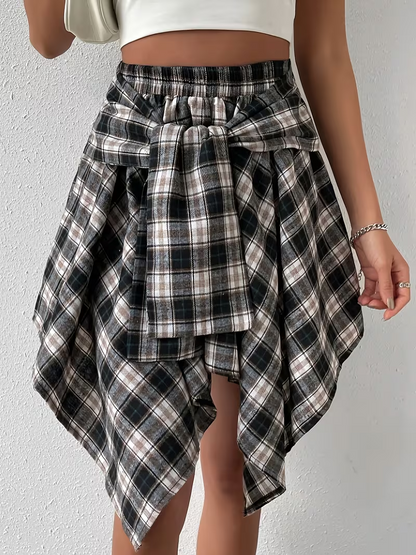 Checkered Print Casual High-Waisted Asymmetrical Hem Skirt
