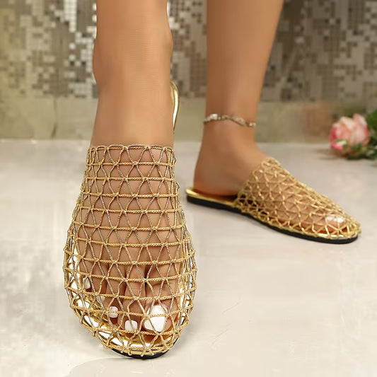 Vacation Hollow-Out Mesh Flat Sandals | Slip-On, Round Toe, Strappy Back, Fabric Upper And Inner, Rubber Sole, Synthetic Insole, Random Printing, Flat Heel, Women Shoes