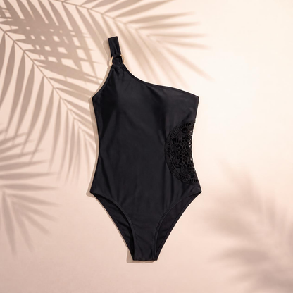 Women's Solid Color One-piece Swimsuit with One Shoulder