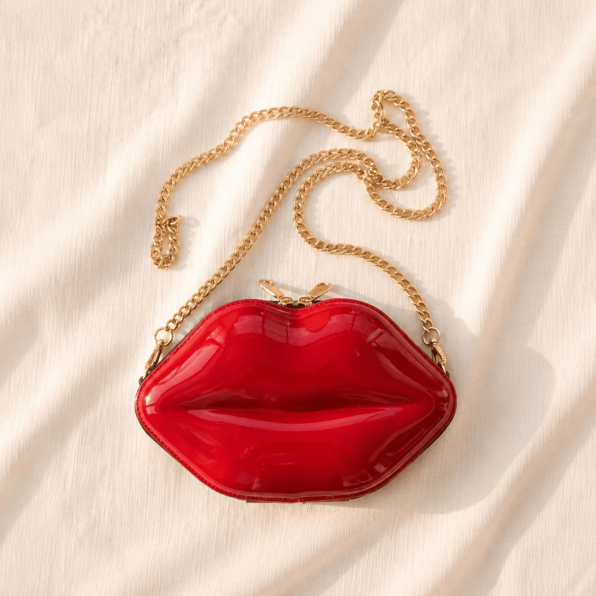 style Bright Red Creative Personality Lip-shaped Bag, a Small Glossy Chain-strap Single-shoulder Crossbody Bag for