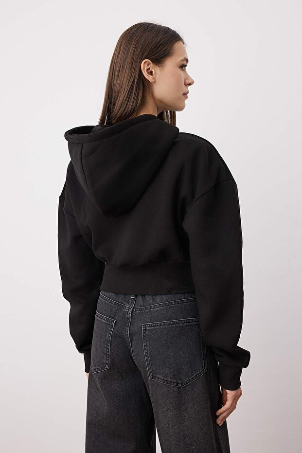 Black Regular Fit Hooded Thick Fleece Lined Knitted Cardigan/Sweatshirt