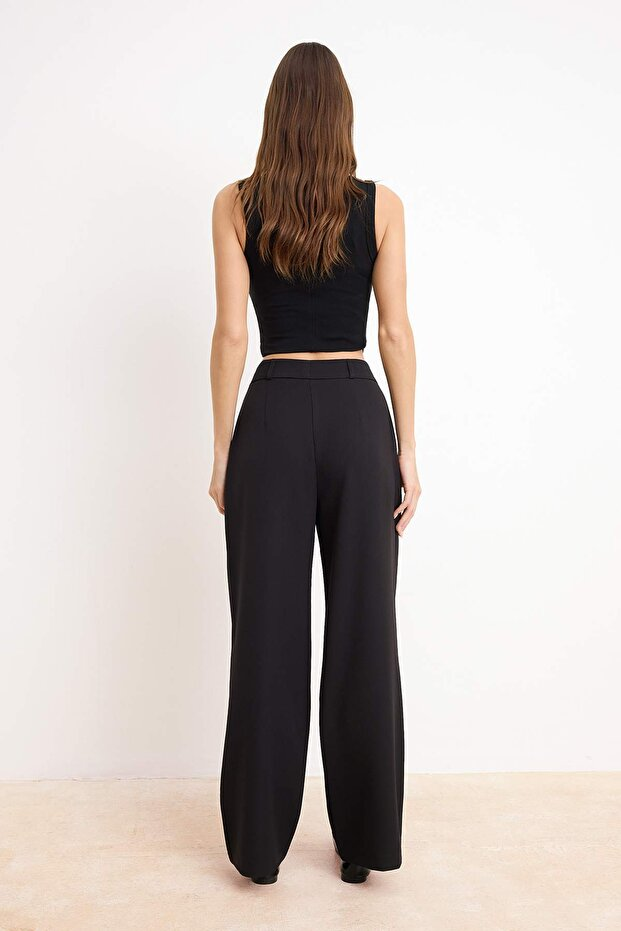 Black High Waist Wide Leg Pleated Woven Fabric Trousers