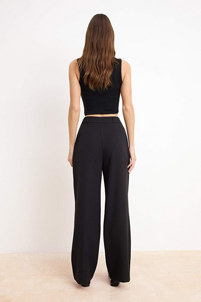 Black High Waist Wide Leg Pleated Woven Fabric Trousers