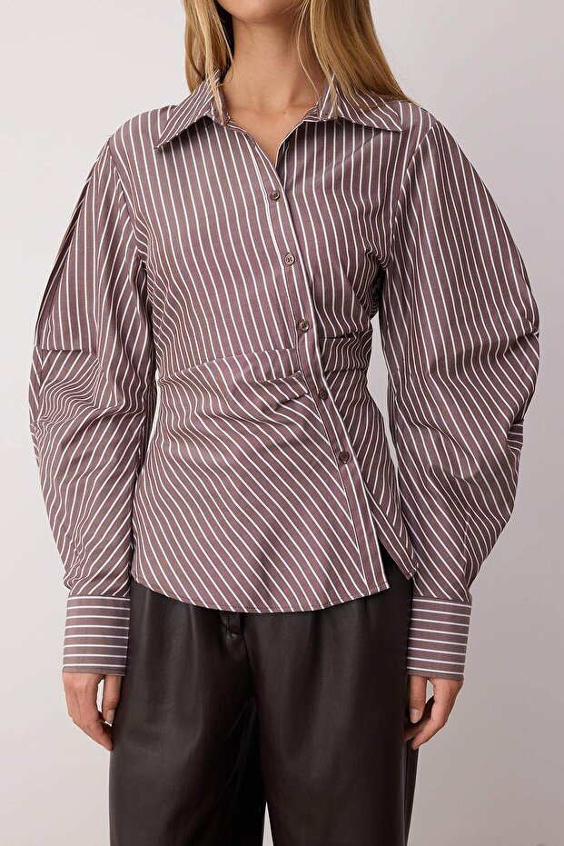 Brown Asymmetric Fitted Shirt with Balloon Sleeve Detail and Waistband