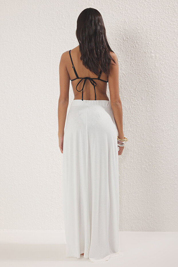 Ecru Knitted Maxi Beach Skirt with Slit TBESS25E