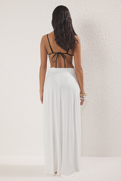 Ecru Knitted Maxi Beach Skirt with Slit TBESS25E