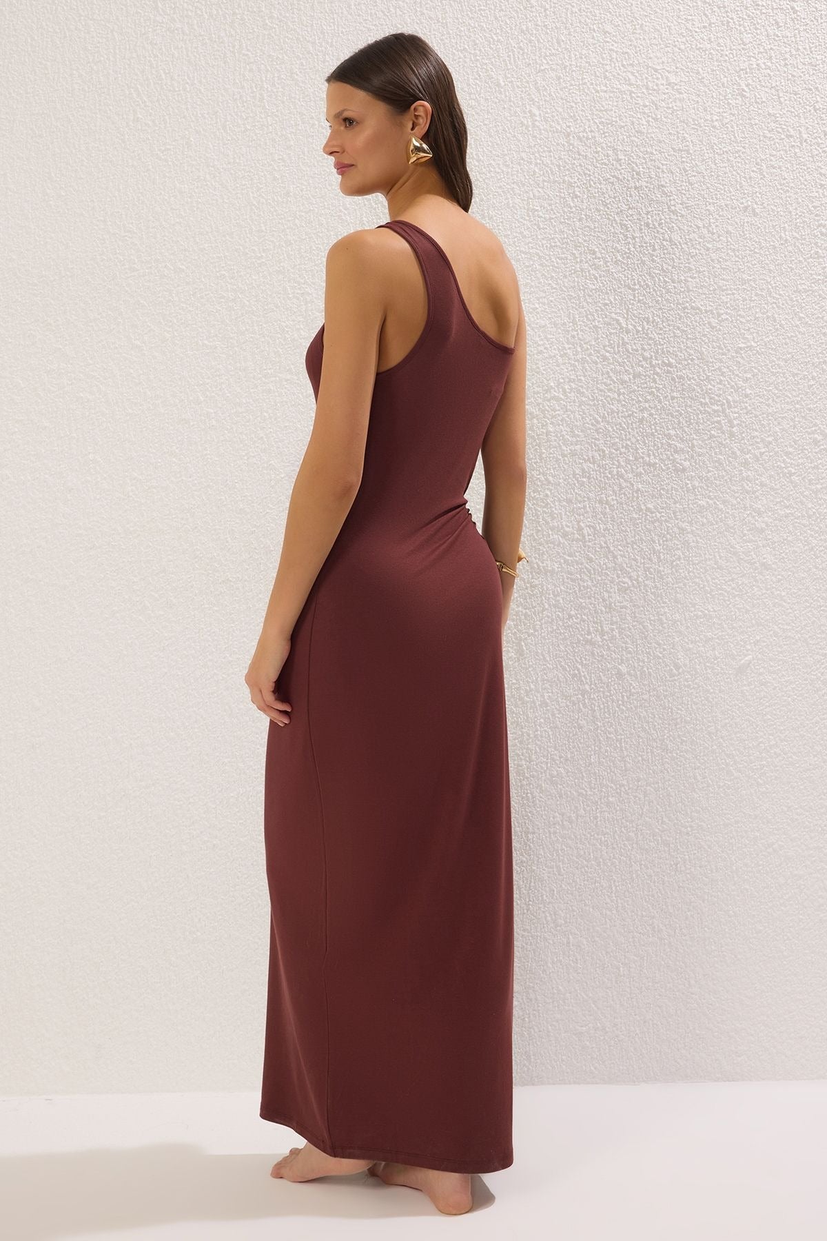 Brown Maxi Knitted Slit One Shoulder Beach