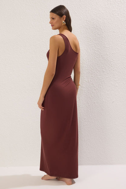 Brown Maxi Knitted Slit One Shoulder Beach