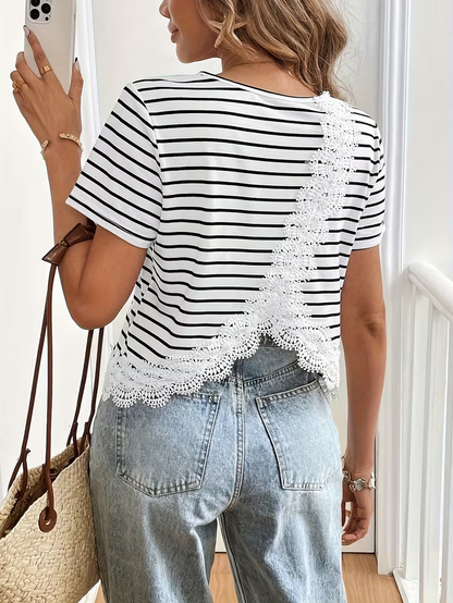 Women's Short-Sleeve Striped T-Shirt with Back Lace Panel - Vertical Stripes & Short Length for Summer Casual or Dressy Outfits - Machine Washable Blouse