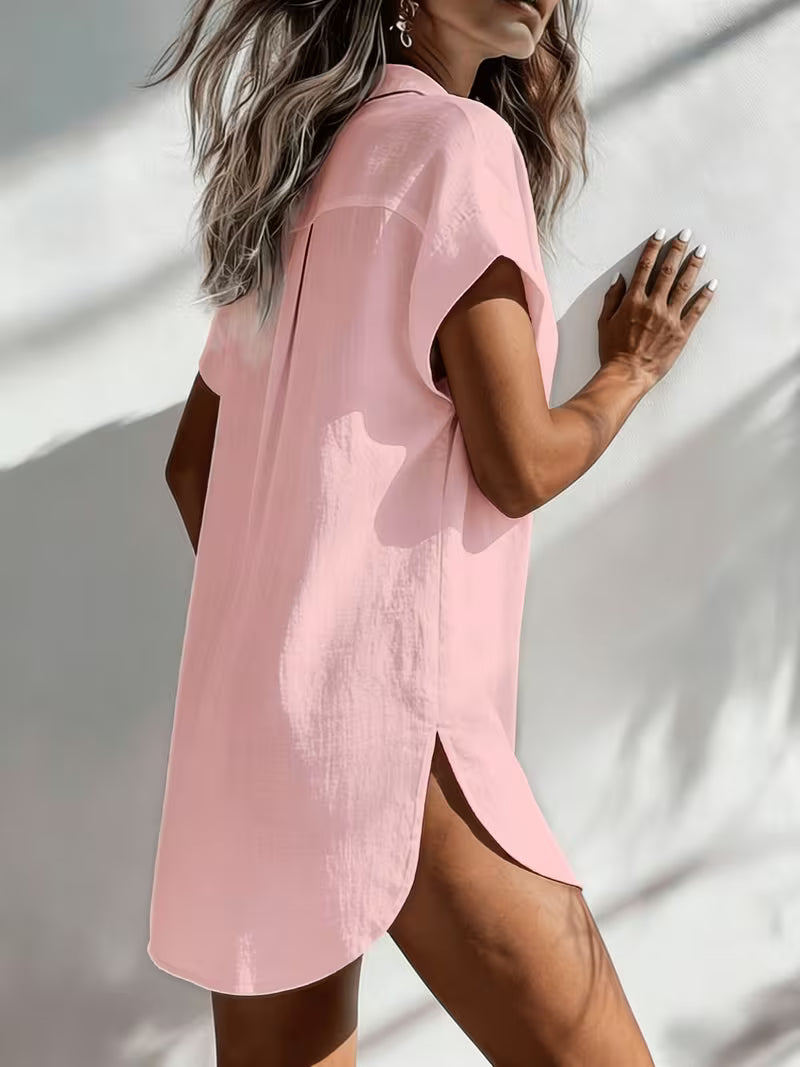Women's Solid Color Short Sleeve Shirt, Casual Mid-Length Cardigan with Lapels, Loose Fit