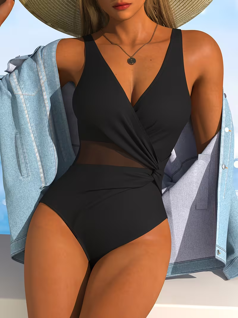 Black One-Piece Swimsuit Mesh Splicing Adjustable Shoulder Straps Women'S Swimwear