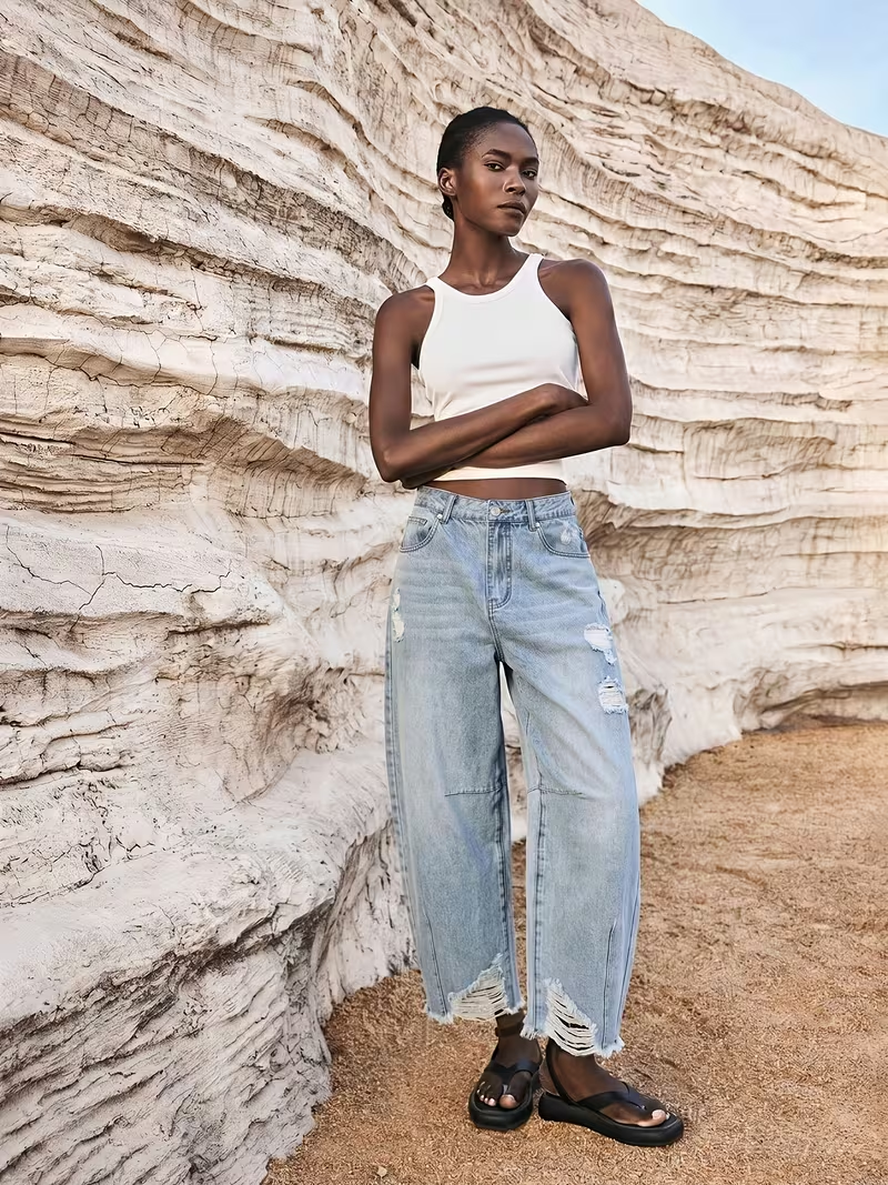 Women's New Non-Stretch Mid-Waist Scimitar Jeans with Distressed Raw