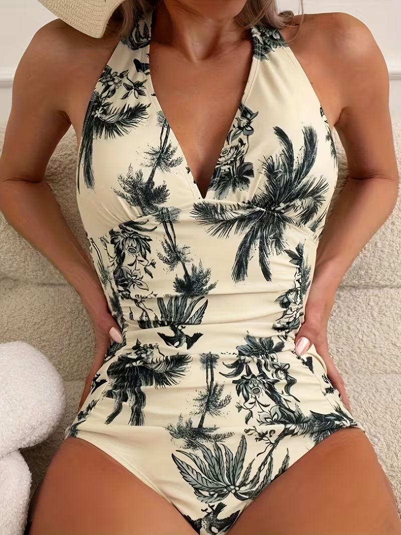 Women's Elegant One-Piece Swimsuit - High Elasticity Adjustable Straps & Waist Tie, Tropical Palm Print, Hand Wash Only, Beach & Poolwear, Summer Swimwear, Stylish Swimwear, Comfortable Fit