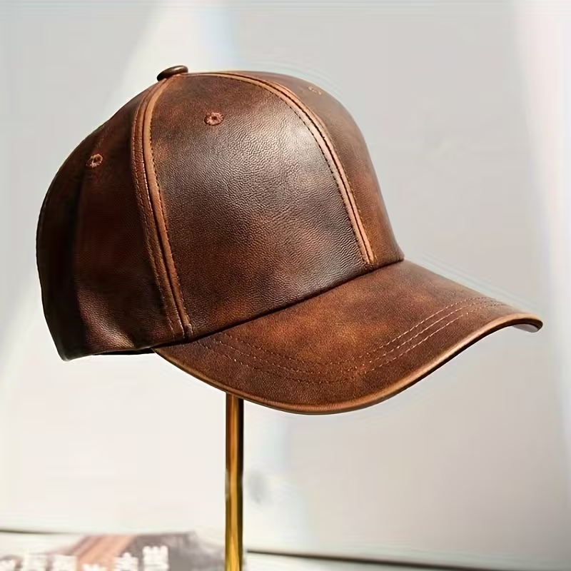 Faux Leather Baseball Cap Women'S British StyleFashion Washed Distressed Temperament