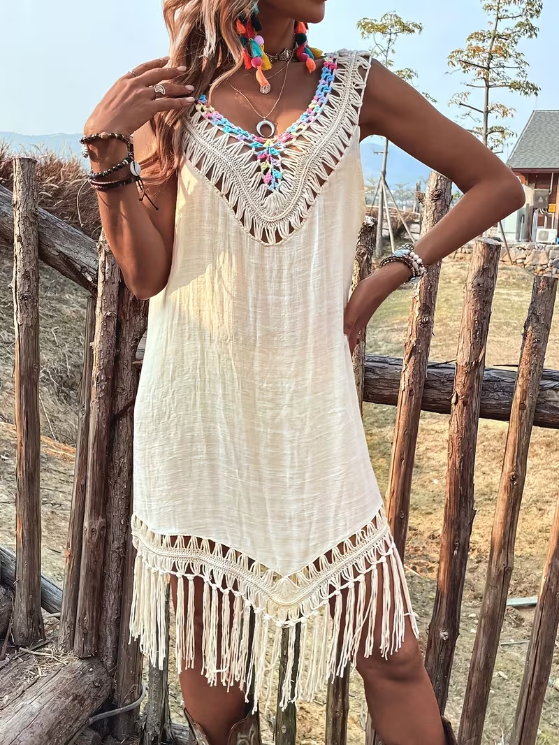 One-Piece Fashion Women'S Blouse Spring Summer Style Contrast Neckline Design Tassel Women'S Dress Back Tie-String Women'S Dress Bikini Outerwear Beach Beach Dress
