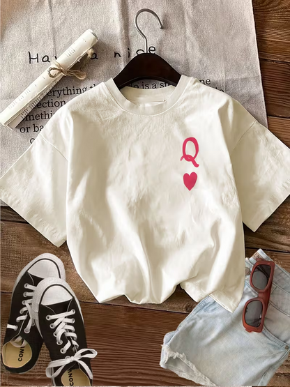 Double-sided Print Summer Casual Women's Top, Illustration Style, Playing Cards, Heart, Queen Print, Round Neck, Pure Short Sleeve T-shirt