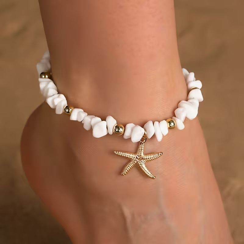 Ocean-Themed White Stone Anklet, Adjustable Size