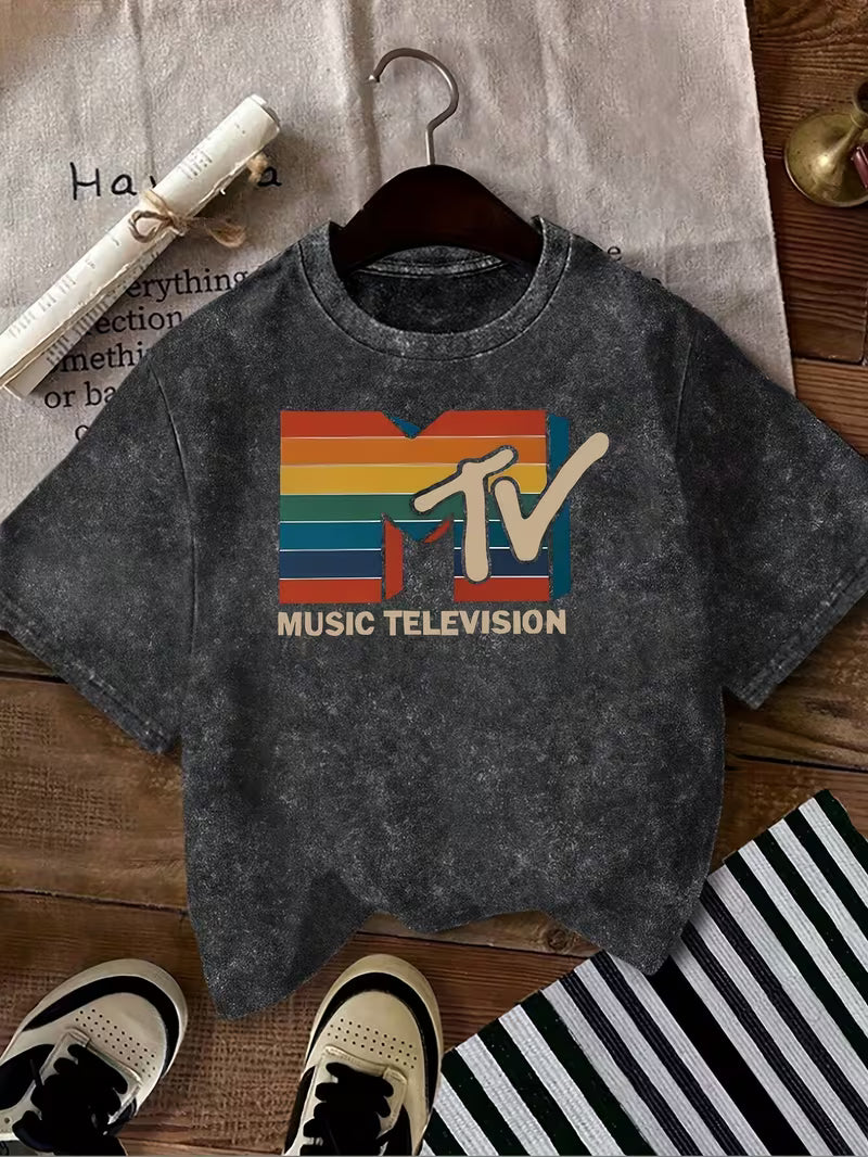 Retro Casual T-Shirt with a Round Neck And Short Sleeves Featuring a Graphic Print of MTV Rainbow Stripes, Perfect for Everyday Wear