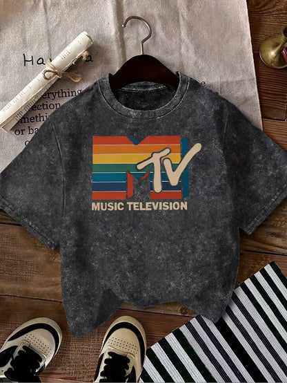 Retro Casual T-Shirt with a Round Neck And Short Sleeves Featuring a Graphic Print of MTV Rainbow Stripes, Perfect for Everyday Wear