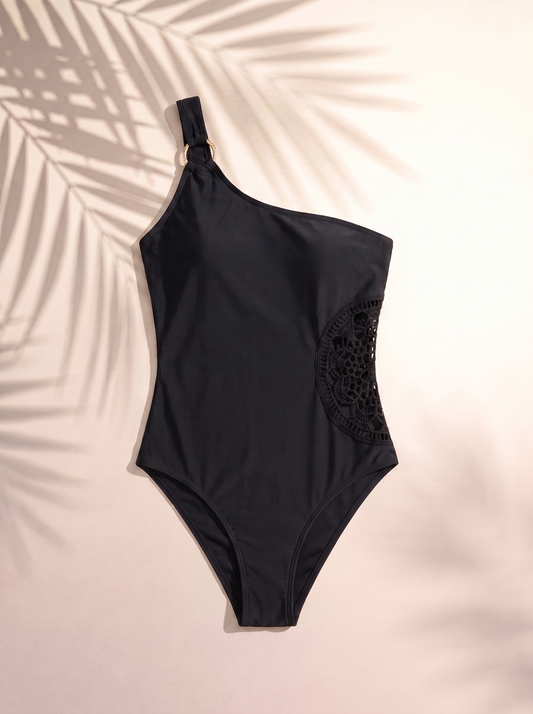 Women's Solid Color One-piece Swimsuit with One Shoulder