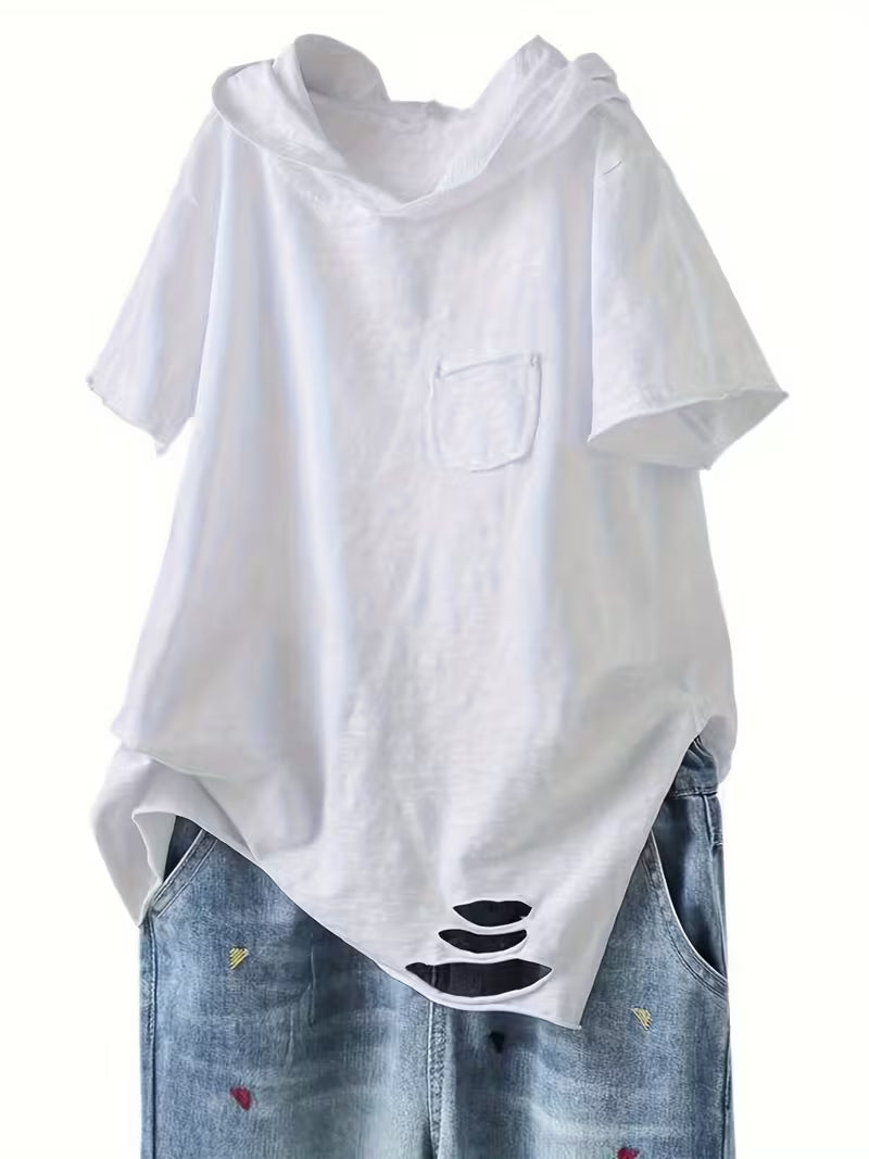 Hooded T-Shirt Women'S Summer New Loose Short-Sleeved Artistic Ripped Casual Top