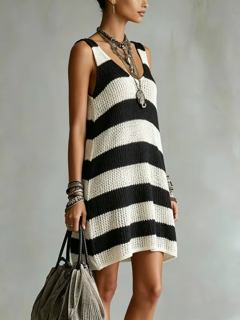 Women'S V-Neck Sleeveless Striped Hollow Short Dress -  Sheer Breathable Loose Fit Summer Beach Vacation Casual Dress