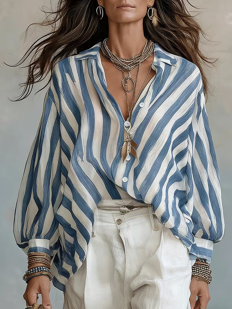 Spring Summer New Style Retro Striped Long Sleeve Women'S Shirt, Loose Vacation Style Beach Top, Casual Commute