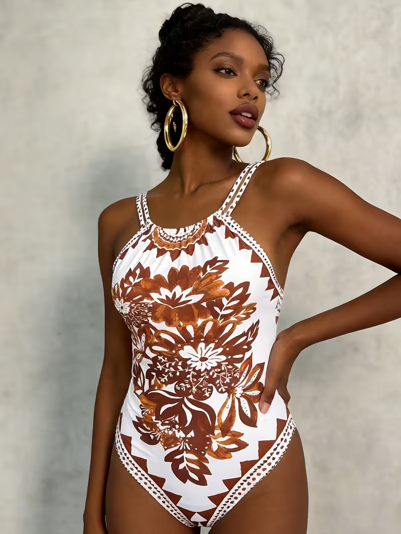 French-Style Vintage Print 1pc Swimsuit for Beach Vacations with a High-End Feel